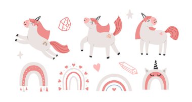 Pembe şirin tek boynuzlu at çocukları izole edilmiş klişe bohça.