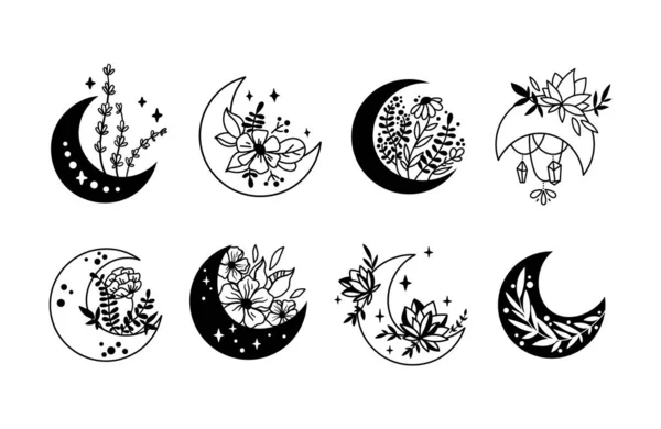 Boho mystischen Mond und Blumen isolierte Cliparts gesetzt — Stockvektor