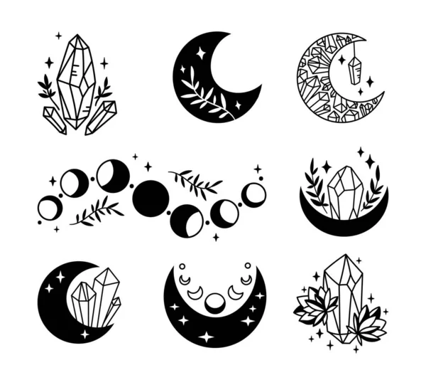 Místico boho floral luna aislada cliparts bundle, colección celestial, conjunto de luna y flores, línea mágica luna creciente, haz de cristales, objetos esotéricos - vector blanco y negro — Vector de stock