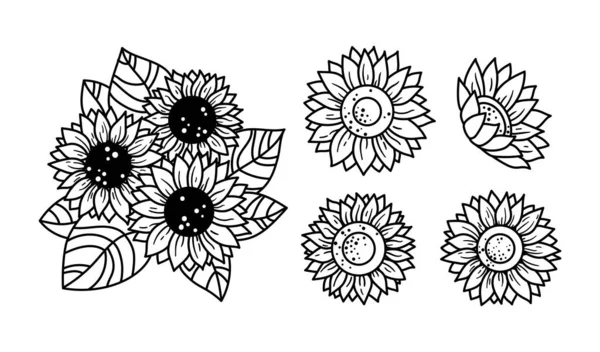 Słoneczniki odizolowane clipart, Czarno-białe kwiatowe elementy dekoracyjne, linia dziki kwiat i liście, botaniczne elementy projektu, bukiet ze słonecznikami - wektor pakiet ilustracji — Wektor stockowy