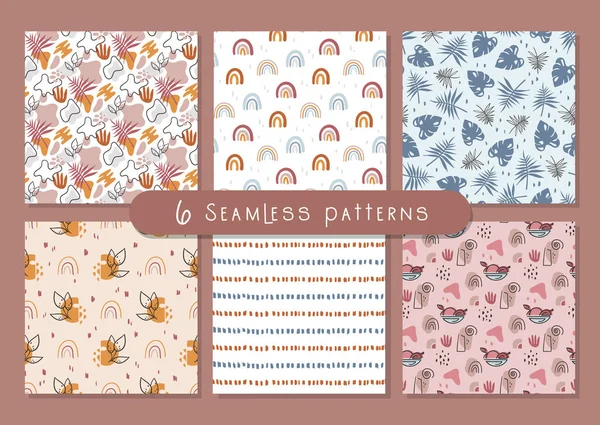 Boho soyut dikişsiz desen ya da dijital kağıt destesi, basit geometrik ve çiçekli arkaplan bohem tarzı, modern soyut basit şekiller tekstil, ambalaj kağıdı, yapıştırma kitabı