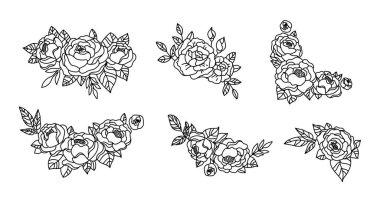 Şakayık çiçekli çerçeve demeti, şakayıklı çiçek çelengi, botanik monogram daire çerçevesi, siyah beyaz buket klipsi, izole element vektör bileşimi