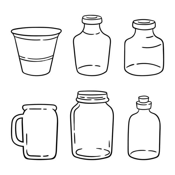 Mason pot de cuisine clipart bundle, bouteilles en verre noir et blanc éléments isolés sur fond blanc, contour verrerie vectoriel illustrations ensemble — Image vectorielle
