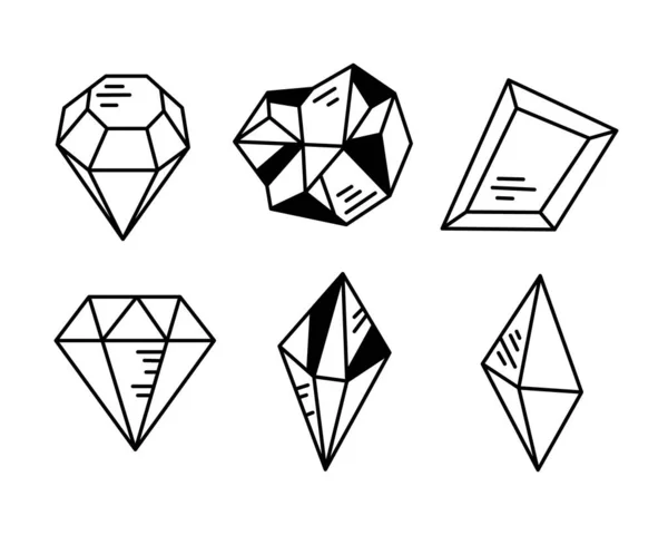 Cristales o piedras preciosas cliparts paquete, colección de gemas, piedra de la joyería o diamante conjunto, objetos aislados en blanco y negro - ilustración vectorial en blanco y negro — Vector de stock