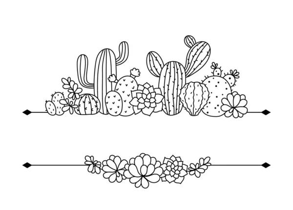 Cactus e succulenta cornice bordo floreale per testo, cornice monogramma Cactus isolato clipart su sfondo bianco, linea in bianco e nero elemento decorativo botanico - illustrazione vettoriale — Vettoriale Stock