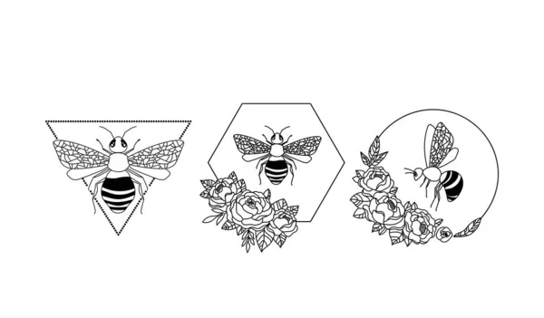 Magische Honigbiene Cliparts, Floral Biene Rahmen - isolierte Elemente auf weiß, Hummel schwarz-weiß Vektorillustration, Insekten und Pfingstrosen Blumen digitale Grafik — Stockvektor