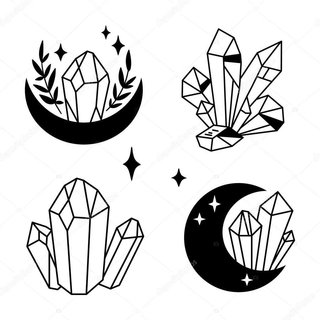 Crystals or gemstones and moon cliparts bundle, lunar celestial gem collection, jewelry stone or diamond, mystical esoteric black and white line isolated objects - vector illustration