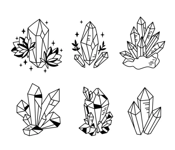 Krystaller eller edelstener, klippebunt, smykkesteiner eller diamantsett, sorte og hvite isolerte gjenstander - illustrasjon med svart og hvit vektor – stockvektor