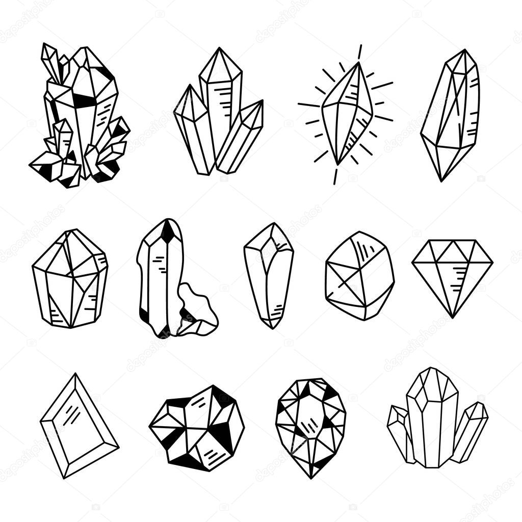 Crystals or gemstones cliparts bundle, doodle gem collection, jewelry stone or diamond set, black and white isolated objects - black and white vector illustration
