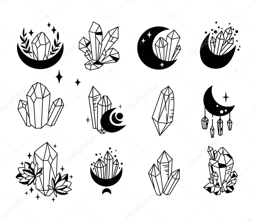 Crystals or gemstones and moon cliparts bundle, lunar celestial gem collection, jewelry stone or diamond, mystical esoteric black and white line isolated objects - vector illustration