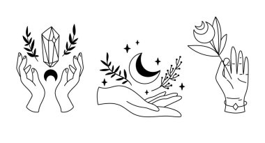 Eller ve Mystical boho ayı ile izole dağları, göksel çiçek koleksiyonu, ay ve çiçekler seti, sihirli çizgi hilal cadı ayı, esrarengiz nesneler - siyah ve beyaz vektör çizimi