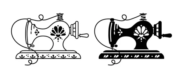 Retro florale und kunstvolle Nähmaschine schwarz und weiß isolierte Cliparts zum Drucken, Vintage-Stil Nähmaschine Logo Vorlage Design, Vektorillustration — Stockvektor