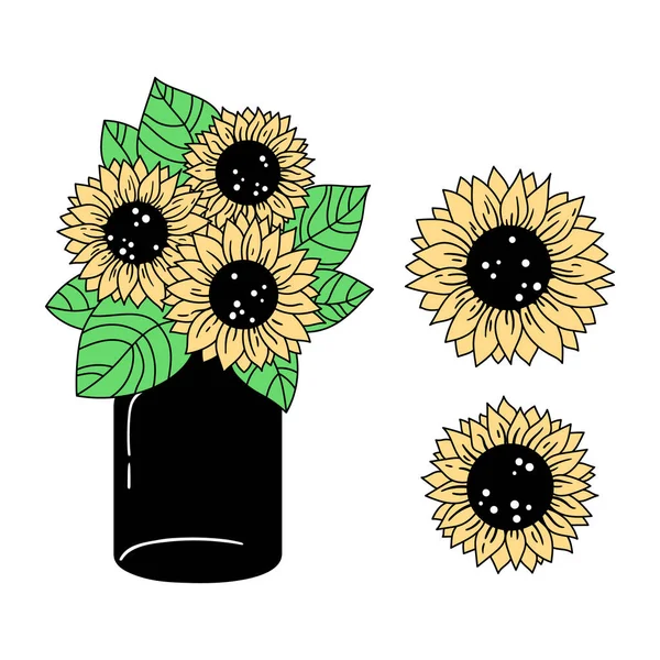 Sunflowers and mason jar isolated clipart, Colorful floral decorative elements, line wildflower and leaves, botanical design items, bouquete with sunflowers - vector illustration — Stock Vector
