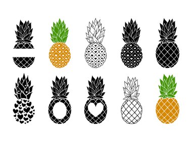 Ananas izinin siyah ve renkli versiyonu, metin için yeri olan tropikal meyve çerçevesi, beyaz üzerinde izole edilmiş ögeler - vektör dijital resim