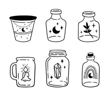 Mason jar clipart bundle, Celestial magic jar black and white glass bottles isolated items on white background, outline mystical bottle with rainbow, moon and stars, crystal, vector illustrations set vector Mason jar clipart bundle, Celestial magic jar black and white glass bottles isolated items on white background, outline mystical bottle with rainbow, moon and stars, crystal, vector illustrations set vector