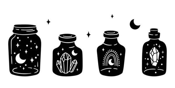 Mason pot clipart bundel, Hemelse magische pot zwart-wit glazen flessen geïsoleerde items op witte achtergrond, schets mystieke fles met regenboog, maan en sterren, kristal, vector illustraties set — Stockvector