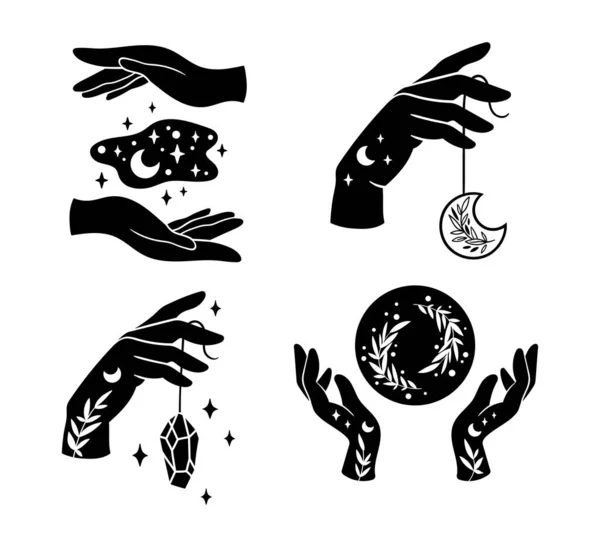 With hands and Mystical boho moon isolated cliparts bundle, celestial floral collection, moon and flowers set, magic line crescent witchy moon, esoteric objects - black and white vector illustration — Stock Vector