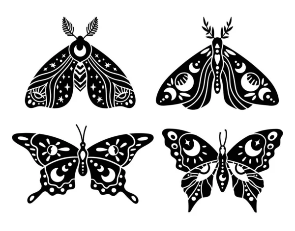 Mystical boho celestial butterfly and moth isolated cliparts bundle, mystical silhouette collection, moon and stars ornament, magic crescent moon, esoteric objects - black and white vector set — Stock Vector