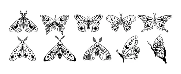 Mystique boho papillon céleste et papillon de nuit isolé cliparts faisceau, collection de lignes mystiques, ornement lune et étoiles, croissant de lune magique, objets ésotériques - ensemble d'illustration vectoriel noir et blanc — Image vectorielle