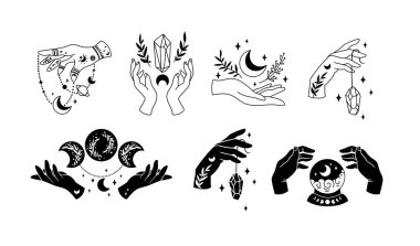Eller ve Mystical boho ayı ile izole dağları, gök kristalleri ve çiçekler, sihirli çizgi ve siluet cadı ay evreleri, esrarengiz nesneler - siyah ve beyaz vektör çizimi
