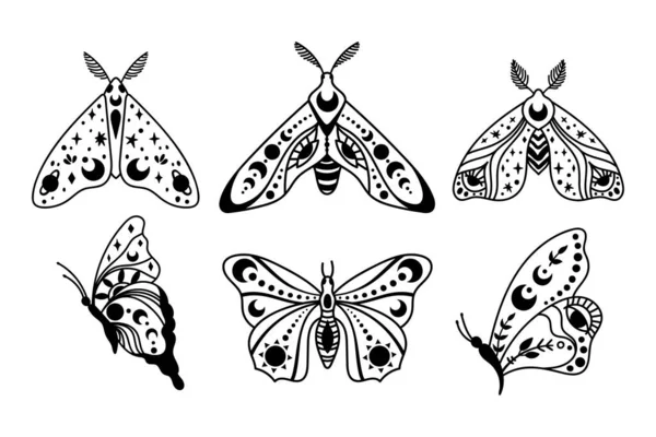 Místico boho celeste mariposa y polilla aislada cliparts haz, colección mística, adorno de luna y estrellas, línea mágica luna creciente, objetos esotéricos conjunto de ilustración vectorial en blanco y negro — Archivo Imágenes Vectoriales