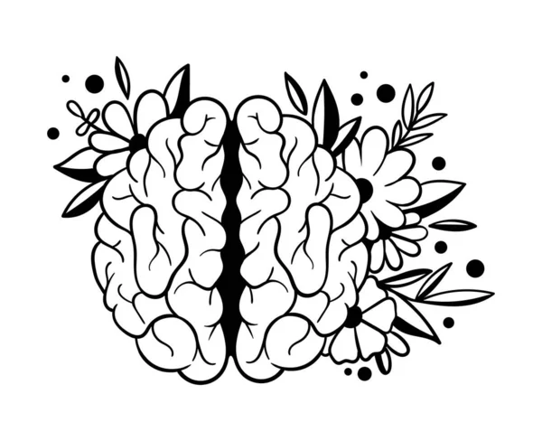 Floral brain isolated single clipart, Mental health or wellness concept, black and white line brain and flowers image for printing or sublimation, digital vector illustration — Stock Vector