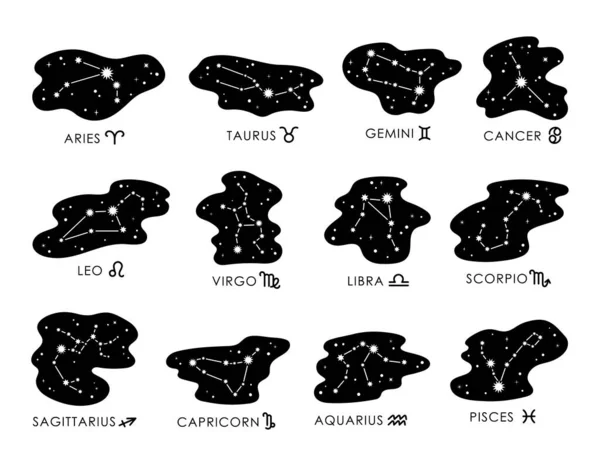 Zodial stjärnbild himmelska bunt, astrologi tecken svart och vitt isolerad clipart set, Libra, Gemini, Taurus, Vädur, Jungfru, Leo, måne och stjärnor horoskop symboler, vektor samling Royaltyfria illustrationer