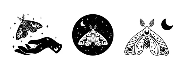 Mystical boho celestial butterfly or moth isolated cliparts bundle, mystical collection, witch hand, moon and stars magic line and silhouette esoteric objects - black and white vector illustration set — Stock Vector
