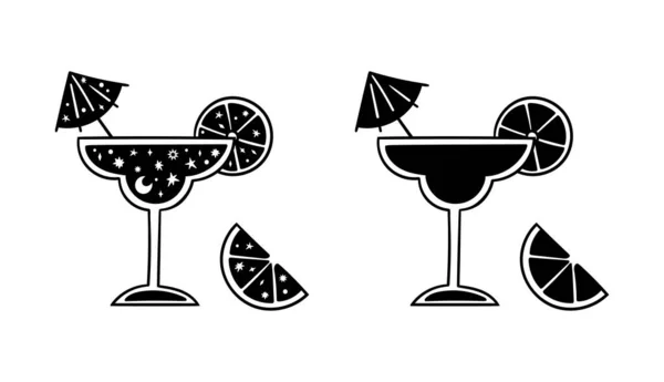 Alkohol margarita koktajl czarno-biały odizolowany clipart, letni tropikalny napój w szklance z cytryną i parasolem, ikona martini - ilustracja wektora Grafika Wektorowa