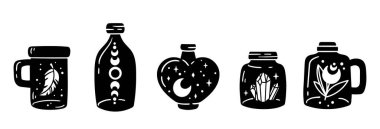 Mason jar clipart bundle, Celestial magic jar black and white glass bottles isolated items on white background, silhouette mystical bottle with moon and stars, crystal, vector illustrations set vector Mason jar clipart bundle, Celestial magic jar black and white glass bottles isolated items on white background, silhouette mystical bottle with moon and stars, crystal, vector illustrations set vector