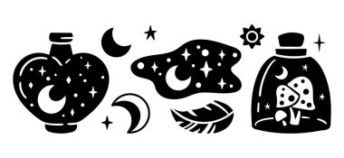 Mason jar clipart bundle, Celestial magic jar black and white glass bottles isolated items on white background, outline mystical bottle with rainbow, moon and stars, mushroom, vector illustrations set vector Mason jar clipart bundle, Celestial magic jar black and white glass bottles isolated items on white background, outline mystical bottle with rainbow, moon and stars, mushroom, vector illustrations set vector