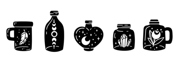 Mason pot clipart bundel, Hemelse magische pot zwart-wit glazen flessen geïsoleerde items op witte achtergrond, silhouet mystieke fles met maan en sterren, kristal, vector illustraties set — Stockvector