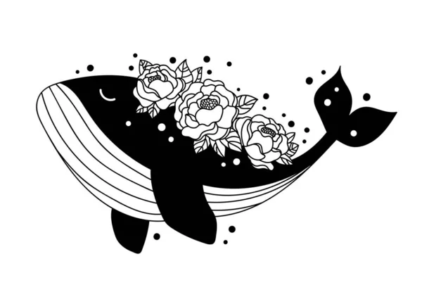 Floral boho ballena aislado clipart, océano animal y peonía flores composición decorativa - ilustración vectorial en blanco y negro Vectores De Stock Sin Royalties Gratis