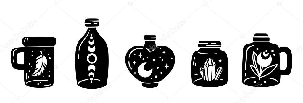 Mason jar clipart bundle, Celestial magic jar black and white glass bottles isolated items on white background, silhouette mystical bottle with moon and stars, crystal, vector illustrations set vector