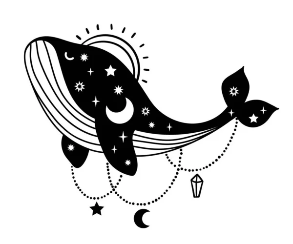 Himmlische Boho-Wal isolierten Cliparts, Raum Ozean Tier, Mond und Sterne dekorative Komposition - Schwarz-Weiß-Vektor einzige Illustration — Stockvektor