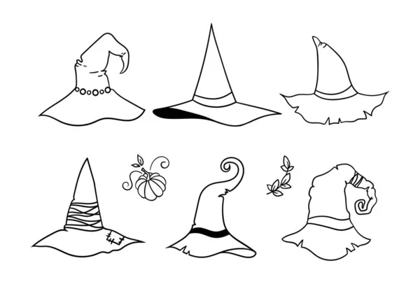 Halloween linia kapelusz pakiet czarownica, uroczy czarodziej czarodziej kapelusz lub czapka czarno-biały odizolowany kliparty kliparty na białym tle, halloween party wystrój kart, t-hirty, wektor dzieci ilustracja zestaw — Wektor stockowy