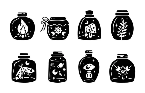 Mason pot clipart bundel, Hemelse magische pot zwart-wit glazen flessen geïsoleerde items op witte achtergrond, schets mystieke fles met paddestoel, maan en sterren, vuur, vector illustraties set — Stockvector