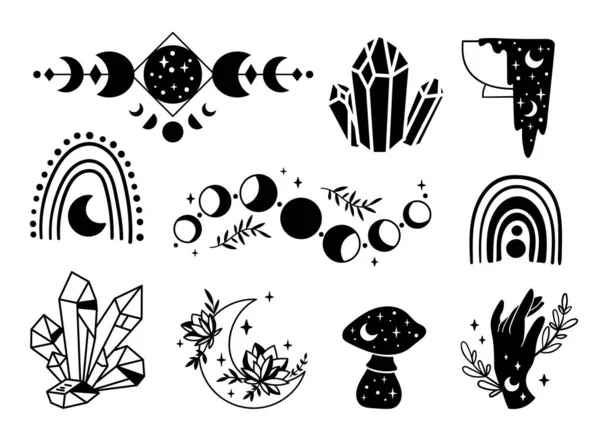 Mystical boho floral moon phases, rainbow, mushroom, witch hand and crystal isolated cliparts bundle, celestial esoteric objects, magic crescent moon - black and white vector illustration set — Stock Vector