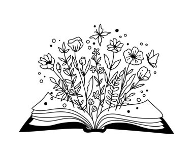 Çiçek Kitabı izole edilmiş tırtıl kitap ve kır çiçekleri boho dekoratif kompozisyon, papatya çiçeği buketi ve alıcı sineği - siyah ve beyaz vektör çizimi