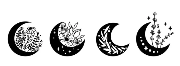 Mystical boho floral moon isolated cliparts bundle, celestial collection, moon and flowers set, magic line crescent moon, crystals bundle, esoteric objects - black and white vector — Stock Vector