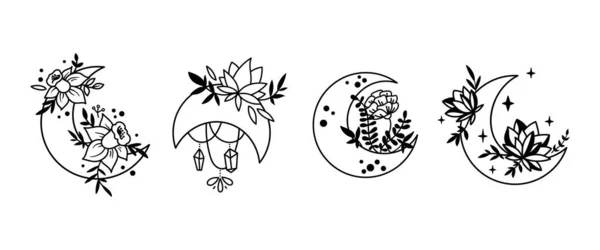 Místico boho floral luna aislada cliparts bundle, colección celestial, conjunto de luna y flores, línea mágica luna creciente, haz de cristales, objetos esotéricos - vector blanco y negro — Archivo Imágenes Vectoriales