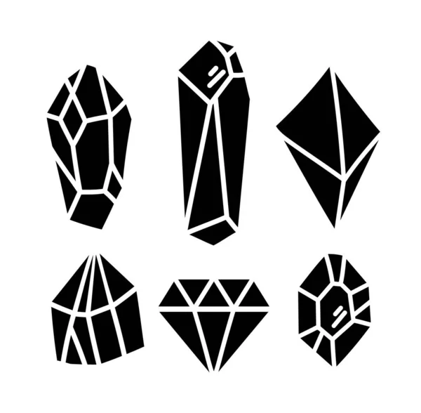 Kryształy lub kamienie szlachetne sylwetka cliparts wiązka, kolekcja klejnotów, biżuteria kamień lub diament zestaw, czarno-białe pojedyncze obiekty - czarno-białe wektor ilustracja Wektor Stockowy