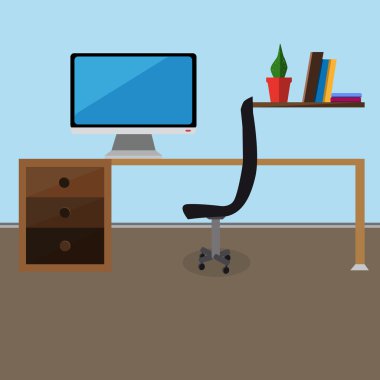 Monitör ve kitaplar ile çiçek ile düz ofis tasarım