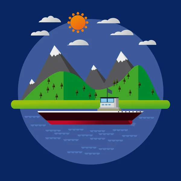 Flat Landscape Design With Mountain And Ship In a Circle — Stock Vector