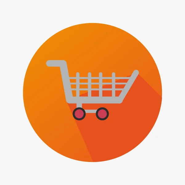 Flaches Symbol mit Einkaufswagen für den Handel in einem orangefarbenen Kreis mit langem Schatten — Stockvektor