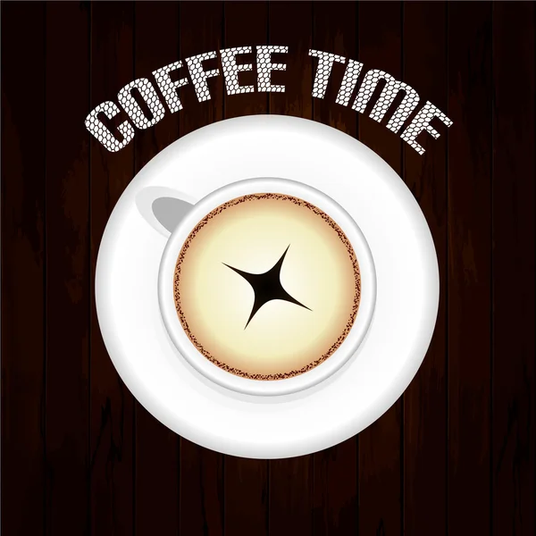 Koffie Latte met sterren Text en hout achtergrond — Stockvector