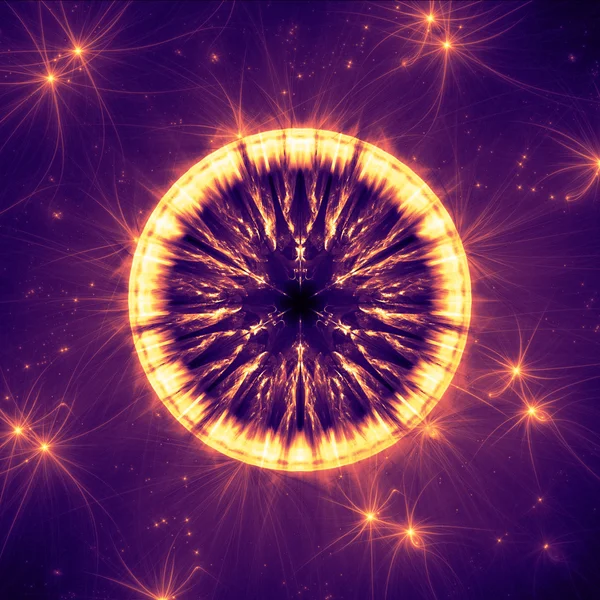 Orangefarbenes Fraktal, Portal zu einer anderen Galaxie mit Licht und Sternen — Stockfoto