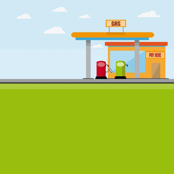 Tankstelle mit Zapfsäulen und Kassengebäude mit Hintergrund — Stockvektor