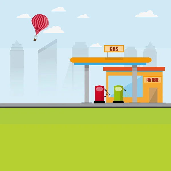 Gas Station met pompen en Cash gebouw en Baloon met stad achtergrond — Stockvector