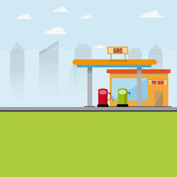 Tankstelle mit Zapfsäulen und Kassengebäude mit städtischem Hintergrund — Stockvektor